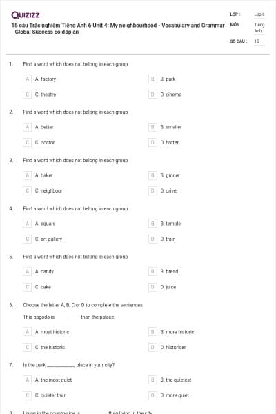 15 câu Trắc nghiệm Tiếng Anh 6 Unit 4: My neighbourhood - Vocabulary and Grammar - Global Success có đáp án