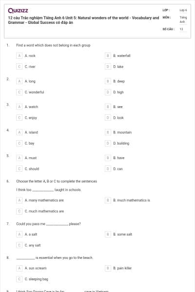 12 câu Trắc nghiệm Tiếng Anh 6 Unit 5: Natural wonders of the world - Vocabulary and Grammar - Global Success có đáp án