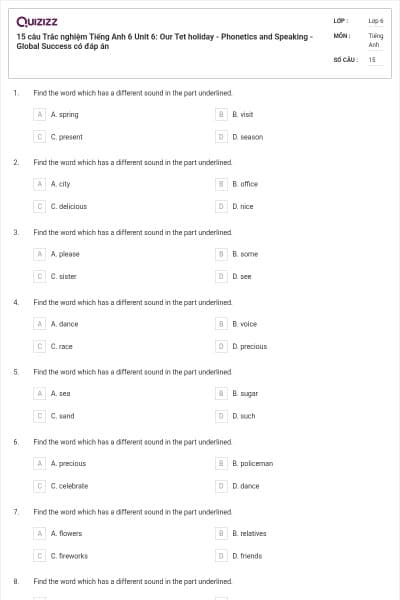 15 câu Trắc nghiệm Tiếng Anh 6 Unit 6: Our Tet holiday - Phonetics and Speaking - Global Success có đáp án