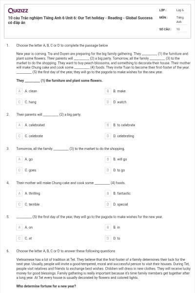 10 câu Trắc nghiệm Tiếng Anh 6 Unit 6: Our Tet holiday - Reading - Global Success có đáp án