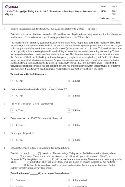 10 câu Trắc nghiệm Tiếng Anh 6 Unit 7: Television - Reading - Global Success có đáp án