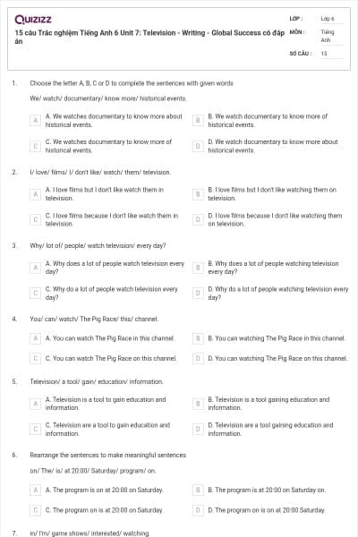 15 câu Trắc nghiệm Tiếng Anh 6 Unit 7: Television - Writing - Global Success có đáp án
