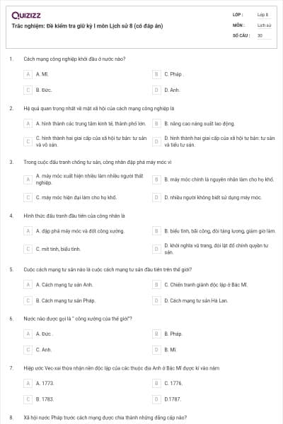 Trắc nghiệm: Đề kiểm tra giữ kỳ I môn Lịch sử 8 (có đáp án)