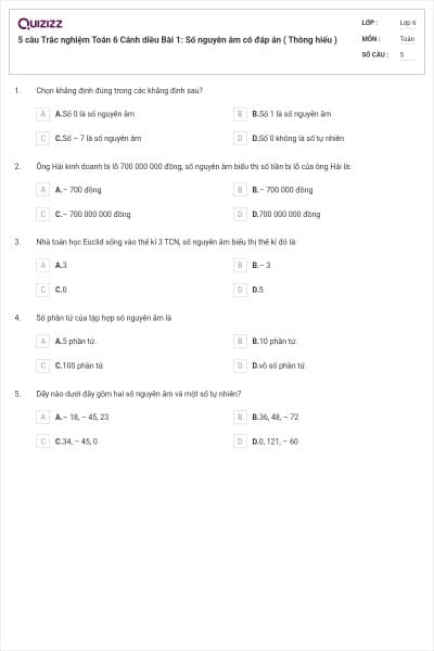 5 câu Trắc nghiệm Toán 6 Cánh diều Bài 1: Số nguyên âm có đáp án ( Thông hiểu )