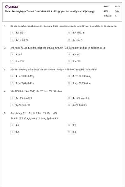 5 câu Trắc nghiệm Toán 6 Cánh diều Bài 1: Số nguyên âm có đáp án ( Vận dụng)