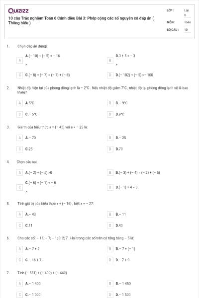 10 câu Trắc nghiệm Toán 6 Cánh diều Bài 3: Phép cộng các số nguyên có đáp án ( Thông hiểu )