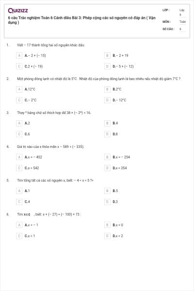 6 câu Trắc nghiệm Toán 6 Cánh diều Bài 3: Phép cộng các số nguyên có đáp án ( Vận dụng )