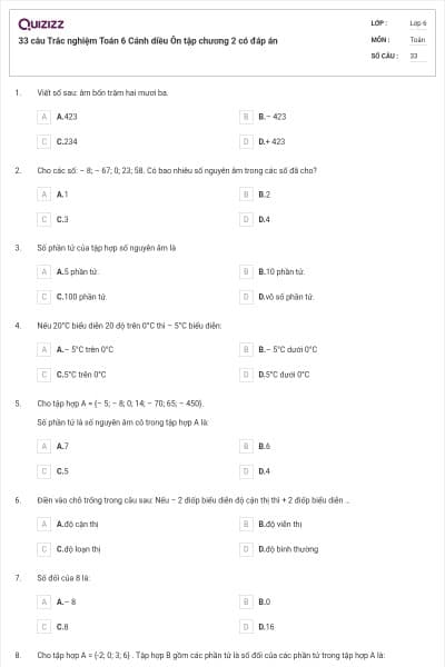 33 câu Trắc nghiệm Toán 6 Cánh diều Ôn tập chương 2 có đáp án