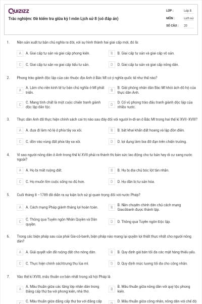 Trắc nghiệm: Đề kiểm tra giữa kỳ I môn Lịch sử 8 (có đáp án)