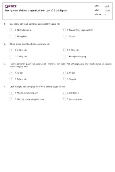 Trắc nghiệm: Đề kiểm tra giữa kỳ I môn Lịch sử 8 (có đáp án)