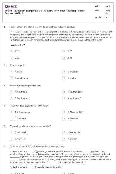 10 câu Trắc nghiệm Tiếng Anh 6 Unit 8: Sports and games - Reading - Global Success có đáp án