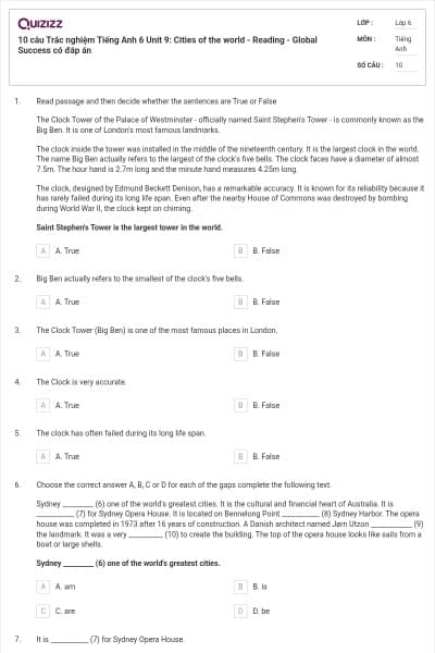 10 câu Trắc nghiệm Tiếng Anh 6 Unit 9: Cities of the world - Reading - Global Success có đáp án