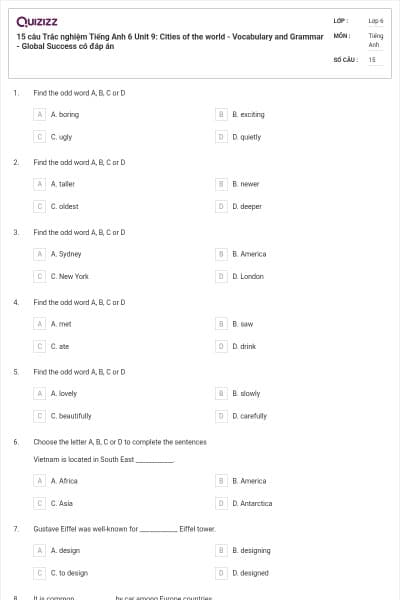 15 câu Trắc nghiệm Tiếng Anh 6 Unit 9: Cities of the world - Vocabulary and Grammar - Global Success có đáp án