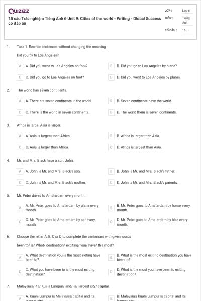 15 câu Trắc nghiệm Tiếng Anh 6 Unit 9: Cities of the world - Writing - Global Success có đáp án
