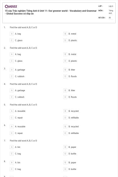 15 câu Trắc nghiệm Tiếng Anh 6 Unit 11: Our greener world - Vocabulary and Grammar - Global Success có đáp án