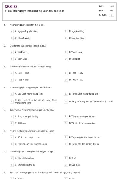 11 câu Trắc nghiệm Trong lòng mẹ Cánh diều có đáp án