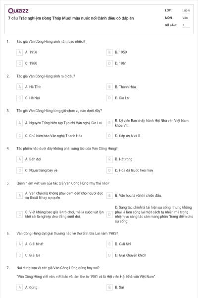 7 câu Trắc nghiệm Đồng Tháp Mười mùa nước nổi Cánh diều có đáp án