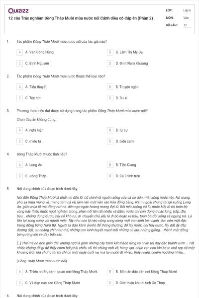 12 câu Trắc nghiệm Đồng Tháp Mười mùa nước nổi Cánh diều có đáp án (Phần 2)