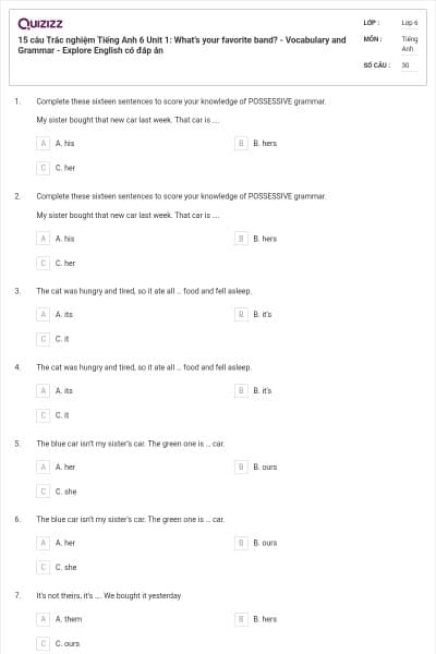 15 câu Trắc nghiệm Tiếng Anh 6 Unit 1: What’s your favorite band? - Vocabulary and Grammar - Explore English có đáp án
