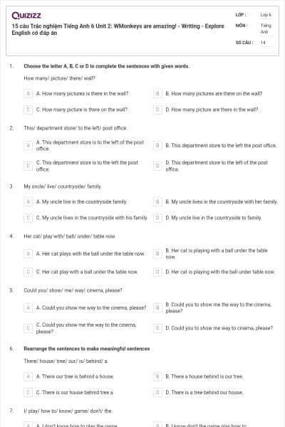 15 câu Trắc nghiệm Tiếng Anh 6 Unit 2: WMonkeys are amazing! - Writing - Explore English có đáp án