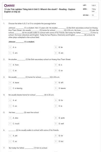 13 câu Trắc nghiệm Tiếng Anh 6 Unit 3: Where's the shark? - Reading - Explore English có đáp án