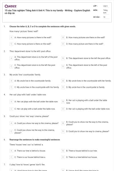 15 câu Trắc nghiệm Tiếng Anh 6 Unit 4: This is my family - Writing - Explore English có đáp án