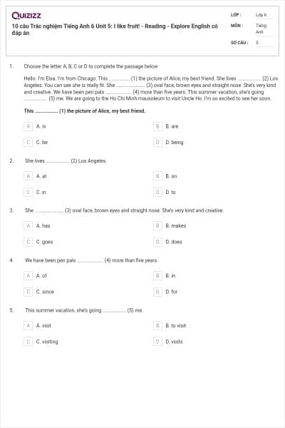 10 câu Trắc nghiệm Tiếng Anh 6 Unit 5: I like fruit! - Reading - Explore English có đáp án