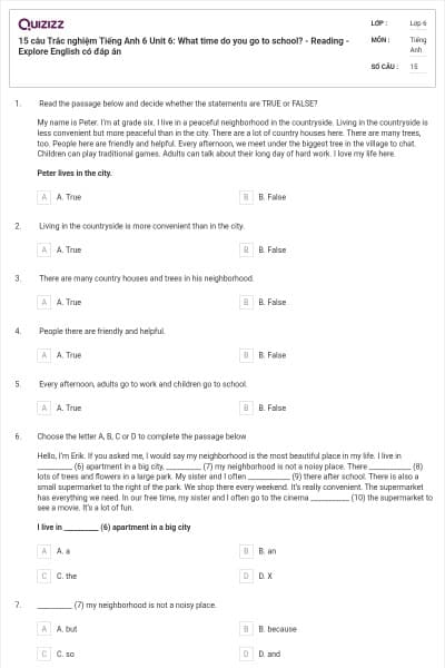 15 câu Trắc nghiệm Tiếng Anh 6 Unit 6: What time do you go to school? - Reading - Explore English có đáp án