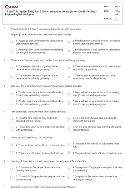 15 câu Trắc nghiệm Tiếng Anh 6 Unit 6: What time do you go to school? - Writing - Explore English có đáp án