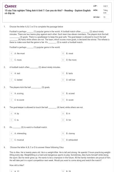 15 câu Trắc nghiệm Tiếng Anh 6 Unit 7: Can you do this? - Reading - Explore English có đáp án