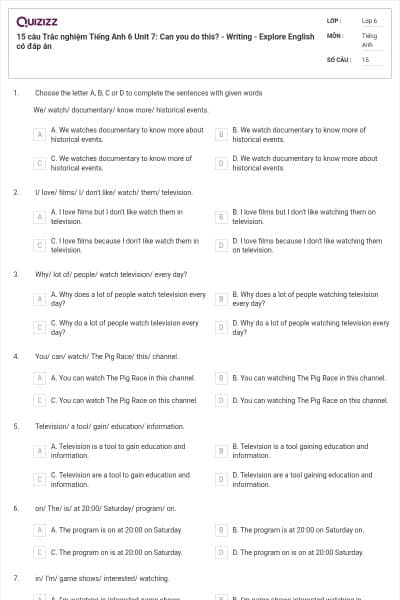 15 câu Trắc nghiệm Tiếng Anh 6 Unit 7: Can you do this? - Writing - Explore English có đáp án