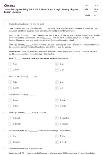 10 câu Trắc nghiệm Tiếng Anh 6 Unit 9: What are you doing? - Reading - Explore English có đáp án