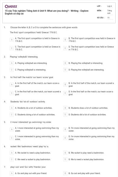 15 câu Trắc nghiệm Tiếng Anh 6 Unit 9: What are you doing? - Writing - Explore English có đáp án