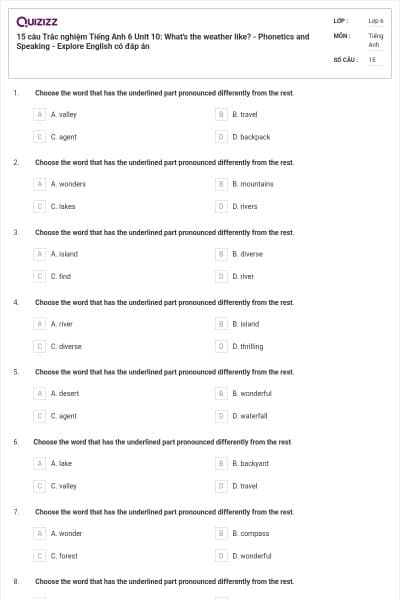 15 câu Trắc nghiệm Tiếng Anh 6 Unit 10: What's the weather like? - Phonetics and Speaking - Explore English có đáp án