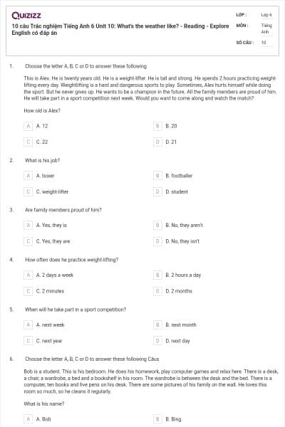 10 câu Trắc nghiệm Tiếng Anh 6 Unit 10: What's the weather like? - Reading - Explore English có đáp án