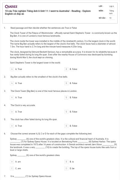 10 câu Trắc nghiệm Tiếng Anh 6 Unit 11: I went to Australia! - Reading - Explore English có đáp án