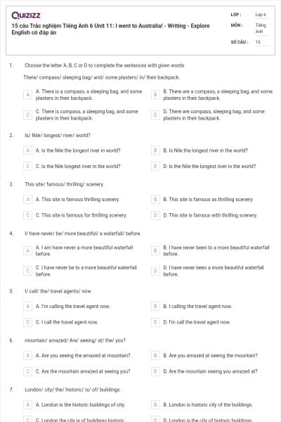 15 câu Trắc nghiệm Tiếng Anh 6 Unit 11: I went to Australia! - Writing - Explore English có đáp án