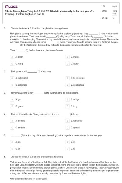 10 câu Trắc nghiệm Tiếng Anh 6 Unit 12: What do you usually do for new year's? - Reading - Explore English có đáp án