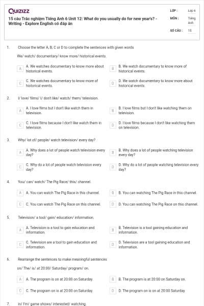 15 câu Trắc nghiệm Tiếng Anh 6 Unit 12: What do you usually do for new year's? - Writing - Explore English có đáp án