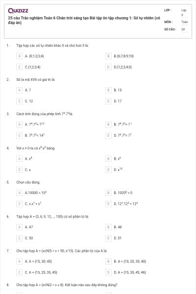 25 câu Trắc nghiệm Toán 6 Chân trời sáng tạo Bài tập ôn tập chương 1: Số tự nhiên (có đáp án)