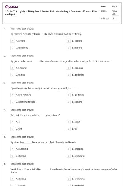17 câu Trắc nghiệm Tiếng Anh 6 Starter Unit: Vocabulary - Free time - Friends Plus có đáp án