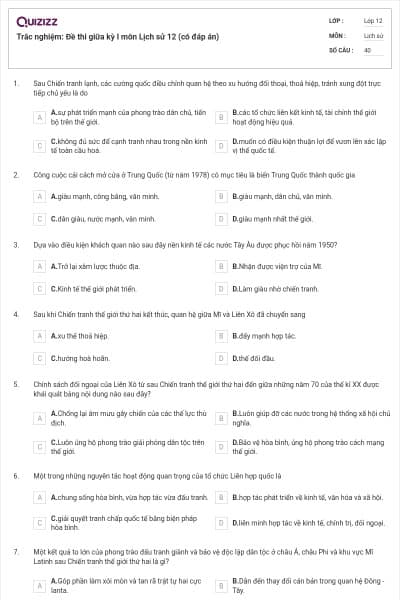 Trắc nghiệm: Đề thi giữa kỳ I môn Lịch sử 12 (có đáp án)