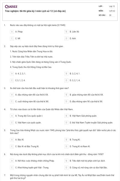 Trắc nghiệm: Đề thi giữa kỳ I môn Lịch sử 12 (có đáp án)