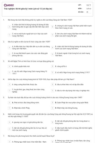 Trắc nghiệm: Đề thi giữa kỳ I môn Lịch sử 12 (có đáp án)