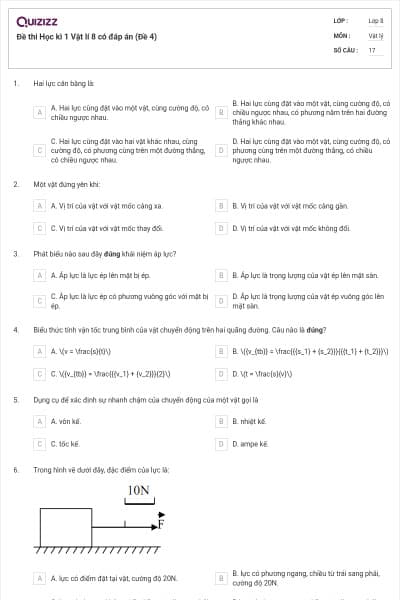 Đề thi Học kì 1 Vật lí 8 có đáp án (Đề 4)