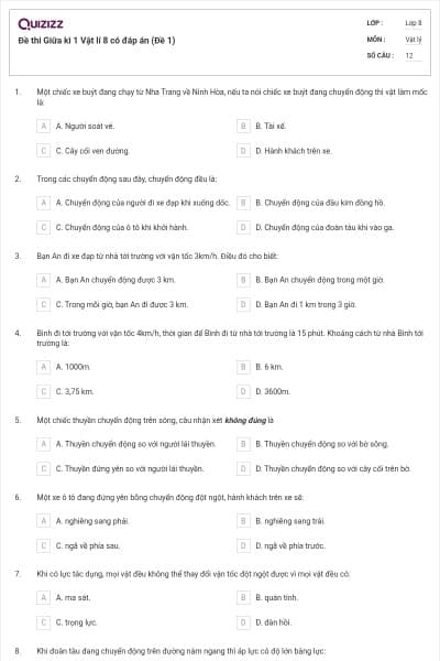 Đề thi Giữa kì 1 Vật lí 8 có đáp án (Đề 1)