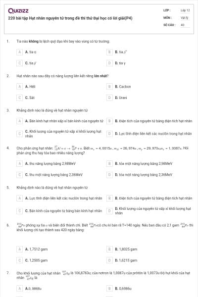 220 bài tập Hạt nhân nguyên tử trong đề thi thử Đại học có lời giải(P4)