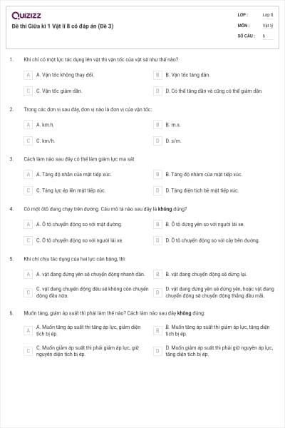 Đề thi Giữa kì 1 Vật lí 8 có đáp án (Đề 3)