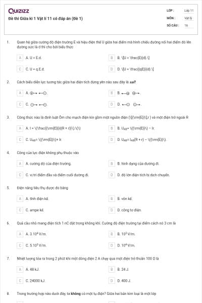 Đề thi Giữa kì 1 Vật lí 11 có đáp án (Đề 1)