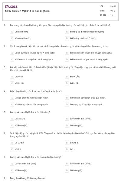 Đề thi Giữa kì 1 Vật lí 11 có đáp án (Đề 3)